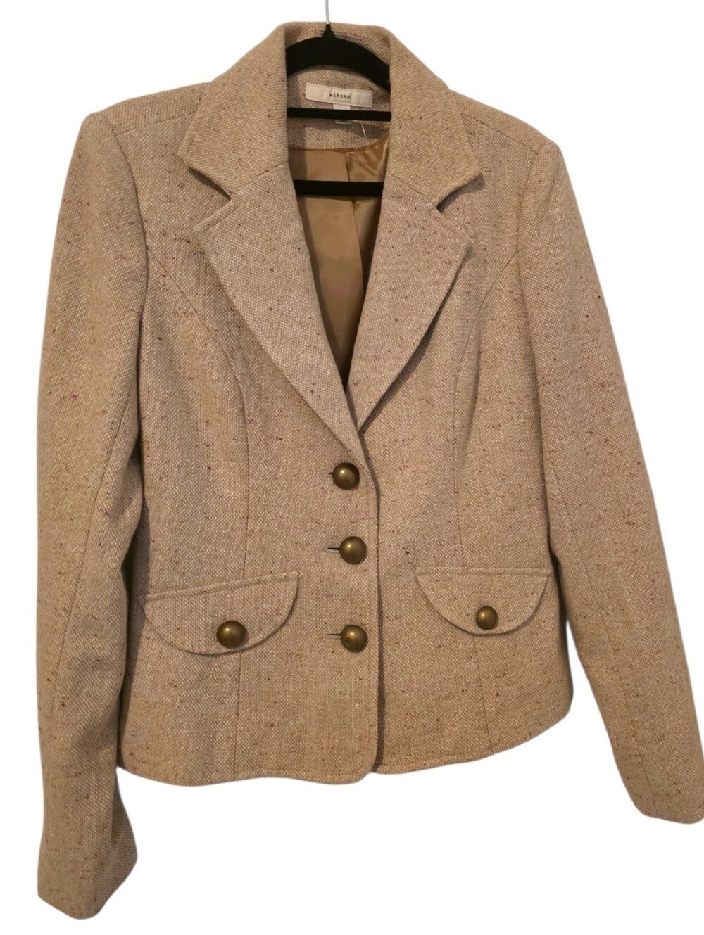 Merona Womens Neutral Tweed Blazer Jacket in Beige with Brass Buttons Small